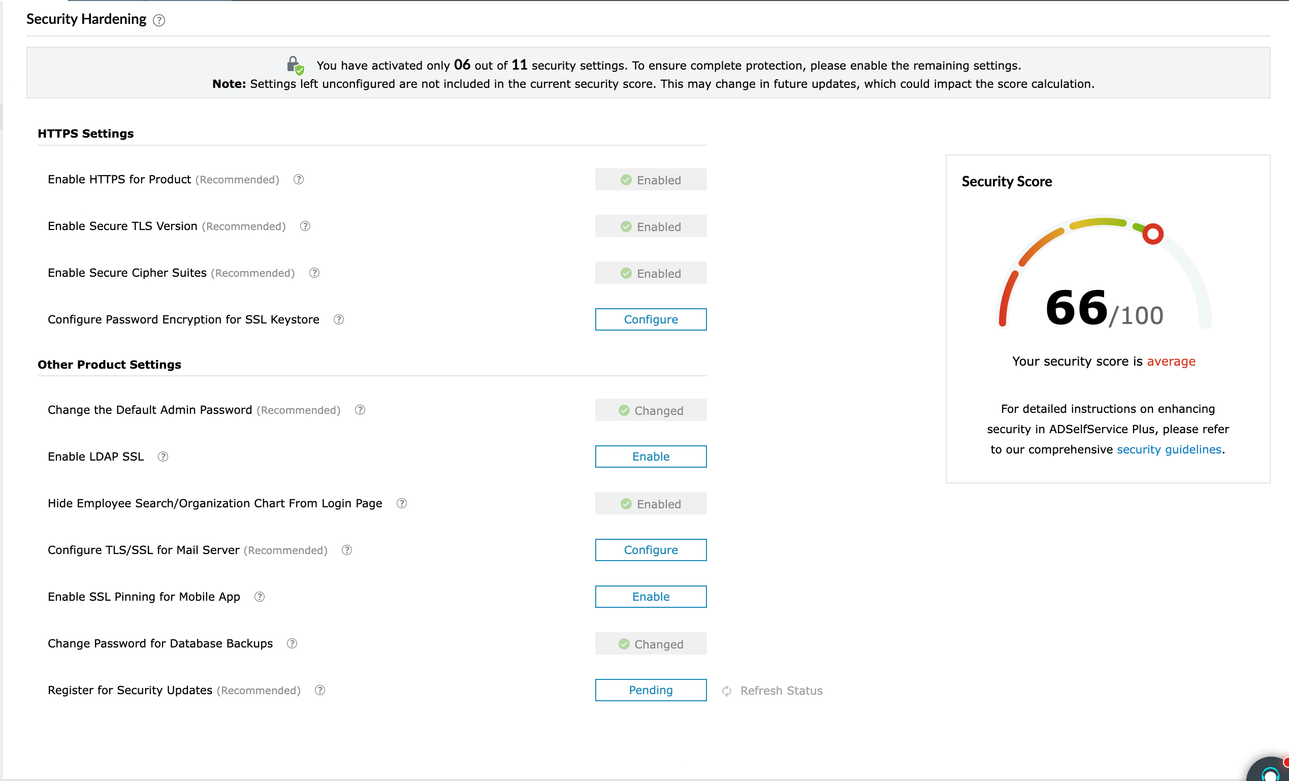 Enabling security configurations in the Security Hardening