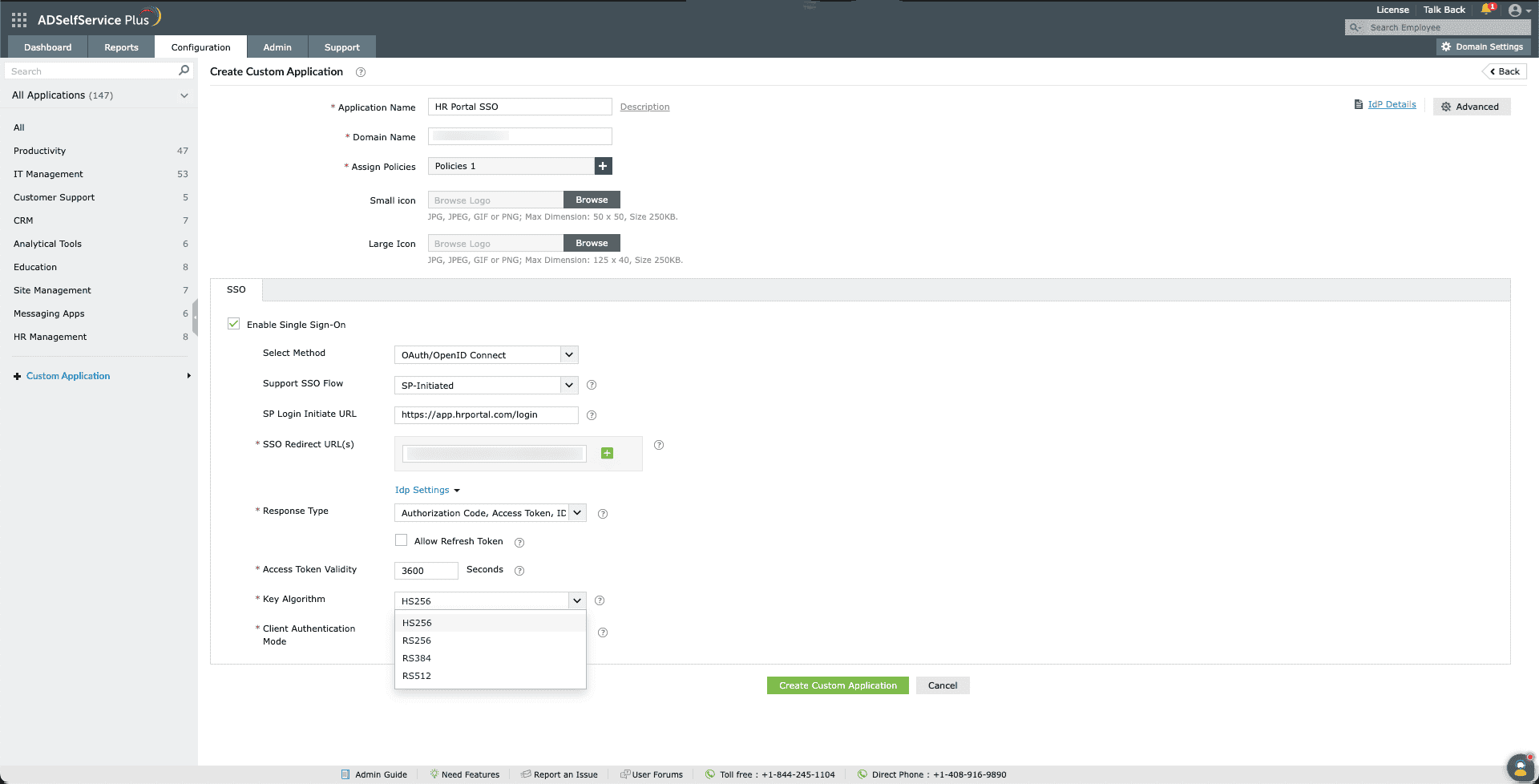 Custom OAuth app Key Algorithm in ADSelfService Plus.