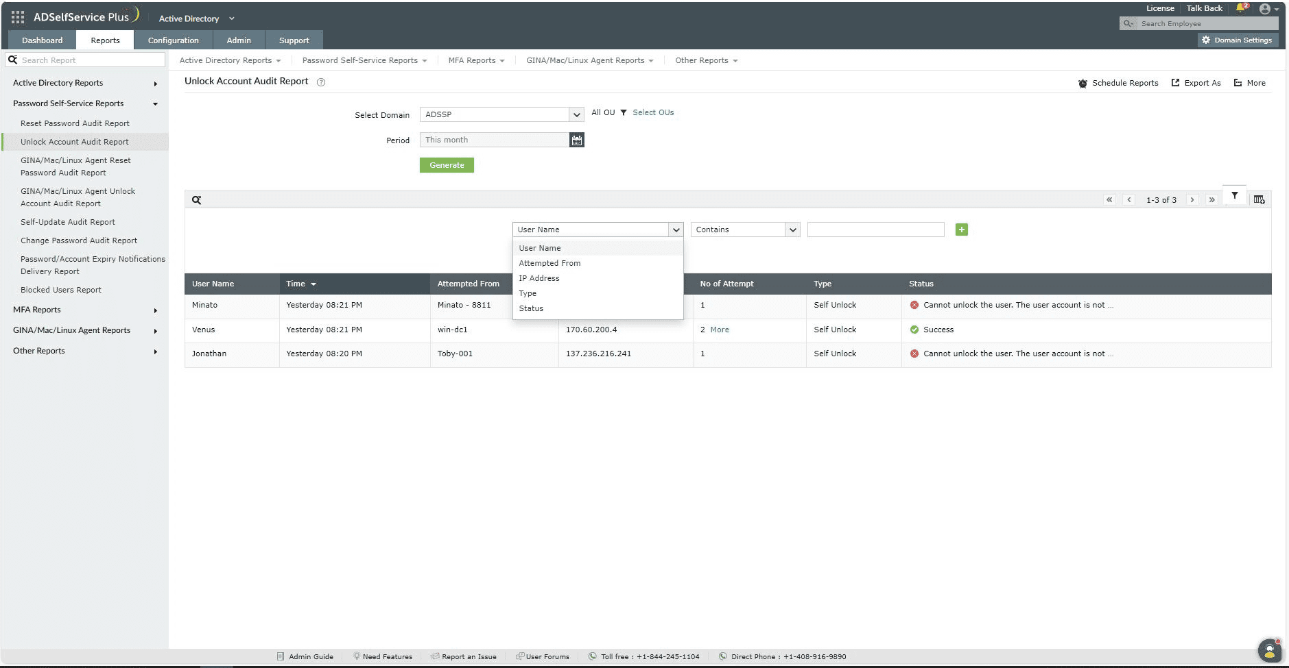 Customizing the unlock account audit report in ADSelfService Plus